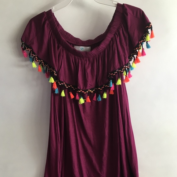 Off shoulder tunic short sleeves tassels magenta - Picture 2 of 6